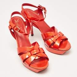 Pre Owned Yves Saint Laurent Orange Patent Leather Tribute Sandals Size 39