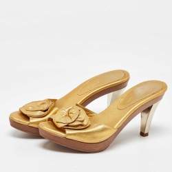Yves Saint Laurent Metallic Gold Leather Najda Rosette Platform Sandals Size 36