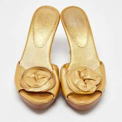Yves Saint Laurent Metallic Gold Leather Najda Rosette Platform Sandals Size 36