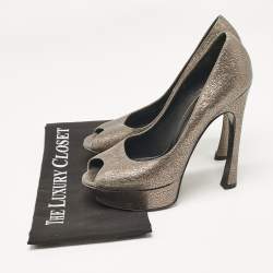 Yves Saint Laurent Grey Textured Leather Palais Peep Toe Pumps Size 41