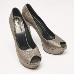 Yves Saint Laurent Grey Textured Leather Palais Peep Toe Pumps Size 41