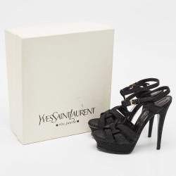 مملوكة مسبقًا Yves Saint Laurent Black Glitter Suede Tribute Platform Sandals Size 36.5