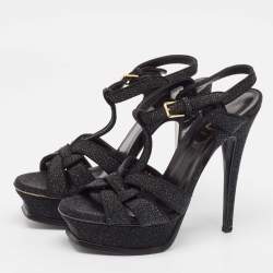 مملوكة مسبقًا Yves Saint Laurent Black Glitter Suede Tribute Platform Sandals Size 36.5