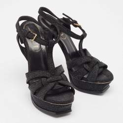 مملوكة مسبقًا Yves Saint Laurent Black Glitter Suede Tribute Platform Sandals Size 36.5