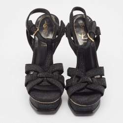 مملوكة مسبقًا Yves Saint Laurent Black Glitter Suede Tribute Platform Sandals Size 36.5