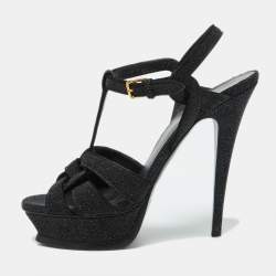 Yves Saint Laurent Black Glitter Suede Tribute Platform Sandals Size 39.5