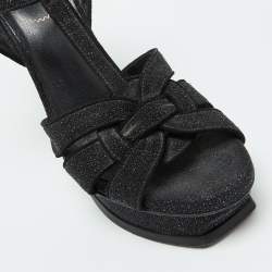 Yves Saint Laurent Black Glitter Suede Tribute Platform Sandals Size 39.5