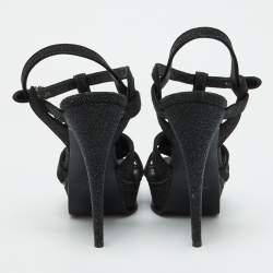 Yves Saint Laurent Black Glitter Suede Tribute Platform Sandals Size 39.5