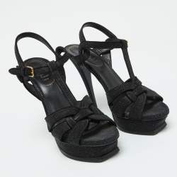 Yves Saint Laurent Black Glitter Suede Tribute Platform Sandals Size 39.5