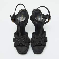 Yves Saint Laurent Black Glitter Suede Tribute Platform Sandals Size 39.5