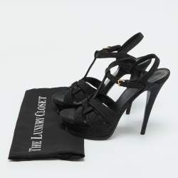 Yves Saint Laurent Black Glitter Suede Tribute Platform Sandals Size 39.5