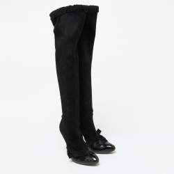 Yves Saint Laurent Black Suede and Patent Leather Knee Length Boots Size 38