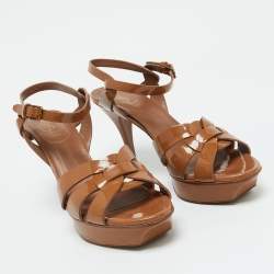 Pre Owned Yves Saint Laurent Brown Patent Leather Tribute Platform Sandals Size 40.5