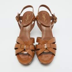 Pre Owned Yves Saint Laurent Brown Patent Leather Tribute Platform Sandals Size 40.5