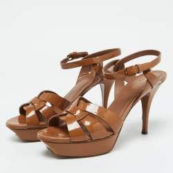 Pre Owned Yves Saint Laurent Brown Patent Leather Tribute Platform Sandals Size 40.5