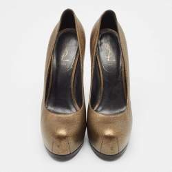 Yves Saint Laurent Gold/Black Textured Leather Tribtoo Pumps Size 38