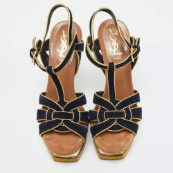 مملوكة مسبقًا Yves Saint Laurent Navy Blue/Gold Suede Tribute Platform Sandals Size 36