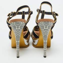 مملوكة مسبقًا Yves Saint Laurent Navy Blue/Gold Suede Tribute Platform Sandals Size 36