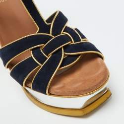 مملوكة مسبقًا Yves Saint Laurent Navy Blue/Gold Suede Tribute Platform Sandals Size 36