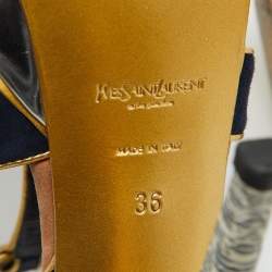 مملوكة مسبقًا Yves Saint Laurent Navy Blue/Gold Suede Tribute Platform Sandals Size 36