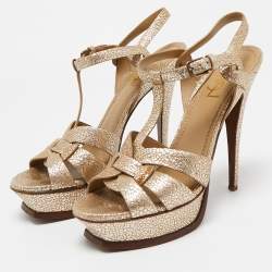 Pre Owned Yves Saint Laurent Gold Texture Leather Platform Sandals Size 39.5