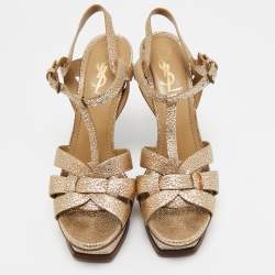 Pre Owned Yves Saint Laurent Gold Texture Leather Platform Sandals Size 39.5