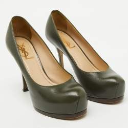 Pre Owned Yves Saint Laurent Olive Green Leather Tribtoo Platform Pumps Size 36.5