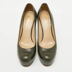 Pre Owned Yves Saint Laurent Olive Green Leather Tribtoo Platform Pumps Size 36.5