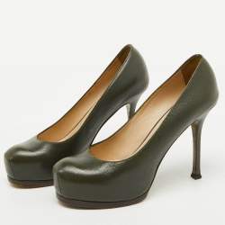 Pre Owned Yves Saint Laurent Olive Green Leather Tribtoo Platform Pumps Size 36.5