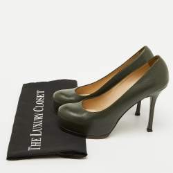 Pre Owned Yves Saint Laurent Olive Green Leather Tribtoo Platform Pumps Size 36.5