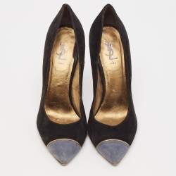 Yves Saint Laurent Black Suede Cap Toe Pointed Toe Pumps Size 38.5