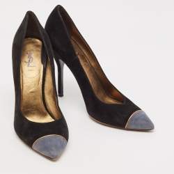 Yves Saint Laurent Black Suede Cap Toe Pointed Toe Pumps Size 38.5