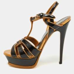 Pre Owned Yves Saint Laurent Black/Gold Patent Leather and Leather Tribute Platform Sandals Size 36.5