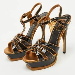 Pre Owned Yves Saint Laurent Black/Gold Patent Leather and Leather Tribute Platform Sandals Size 36.5