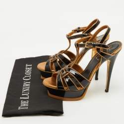 Pre Owned Yves Saint Laurent Black/Gold Patent Leather and Leather Tribute Platform Sandals Size 36.5
