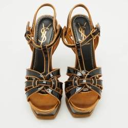 Pre Owned Yves Saint Laurent Black/Gold Patent Leather and Leather Tribute Platform Sandals Size 36.5