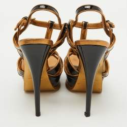 Pre Owned Yves Saint Laurent Black/Gold Patent Leather and Leather Tribute Platform Sandals Size 36.5