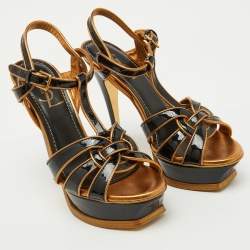 Pre Owned Yves Saint Laurent Black/Gold Patent Leather and Leather Tribute Platform Sandals Size 36.5
