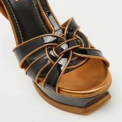 Pre Owned Yves Saint Laurent Black/Gold Patent Leather and Leather Tribute Platform Sandals Size 36.5