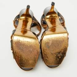 Pre Owned Yves Saint Laurent Black/Gold Patent Leather and Leather Tribute Platform Sandals Size 36.5