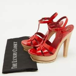 Yves Saint Laurent Red Patent Leather Wood Tribute Platform Sandals Size 37.5