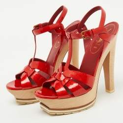 Yves Saint Laurent Red Patent Leather Wood Tribute Platform Sandals Size 37.5
