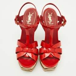 Yves Saint Laurent Red Patent Leather Wood Tribute Platform Sandals Size 37.5