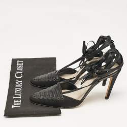 Pre Owned Yves Saint Laurent Black Satin Ankle Wrap Sandals Size 38.5