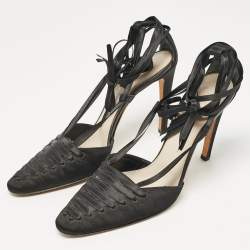 Pre Owned Yves Saint Laurent Black Satin Ankle Wrap Sandals Size 38.5