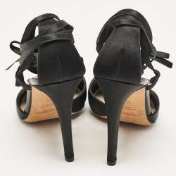 Pre Owned Yves Saint Laurent Black Satin Ankle Wrap Sandals Size 38.5