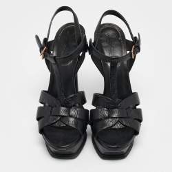 Yves Saint Laurent Black Embossed Leather Tribute Platform Sandals Size 38
