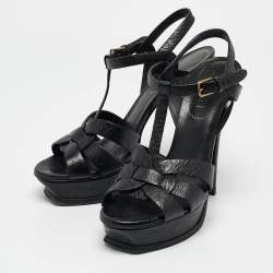 Yves Saint Laurent Black Embossed Leather Tribute Platform Sandals Size 38