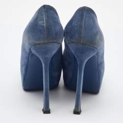 Pre Owned Yves Saint Laurent Blue Suede Tribtoo Platform Pumps Size 36.5