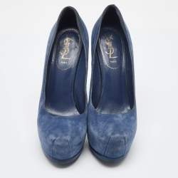 Pre Owned Yves Saint Laurent Blue Suede Tribtoo Platform Pumps Size 36.5